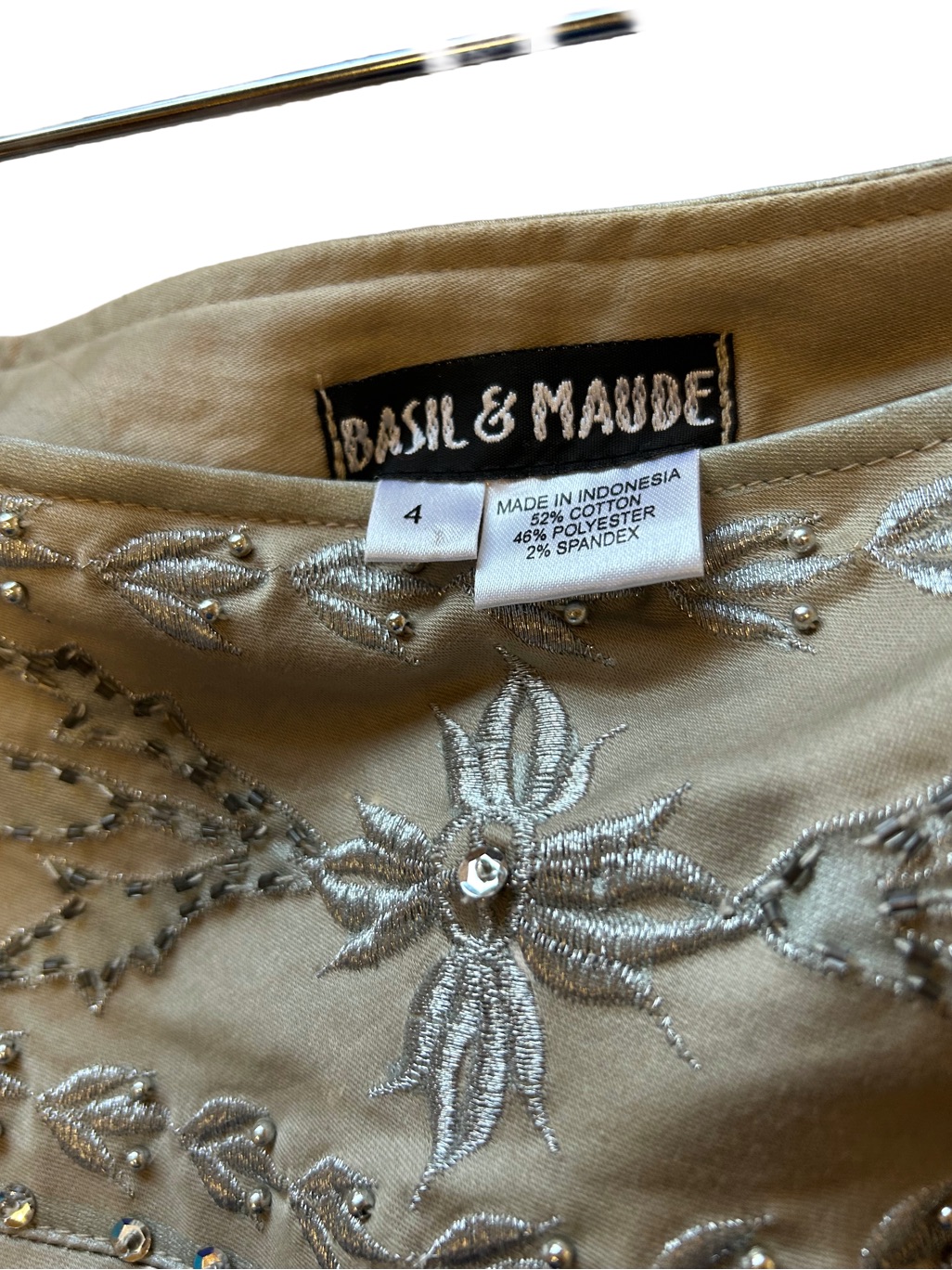Anthropologie Basil Maude Silver Beaded Boho Midi Skirt Tan Hand Embellished 4 — image 3 of 4